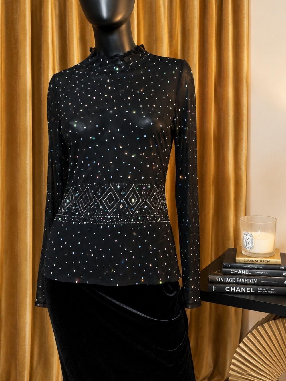 Vintage Black Rhinestone-Embellished Mesh Long Sleeve Top